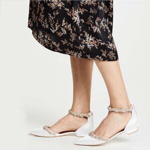 FOWT Elegant Satin Crystal Strap Back Zipper D'Orsay White Flats for Women